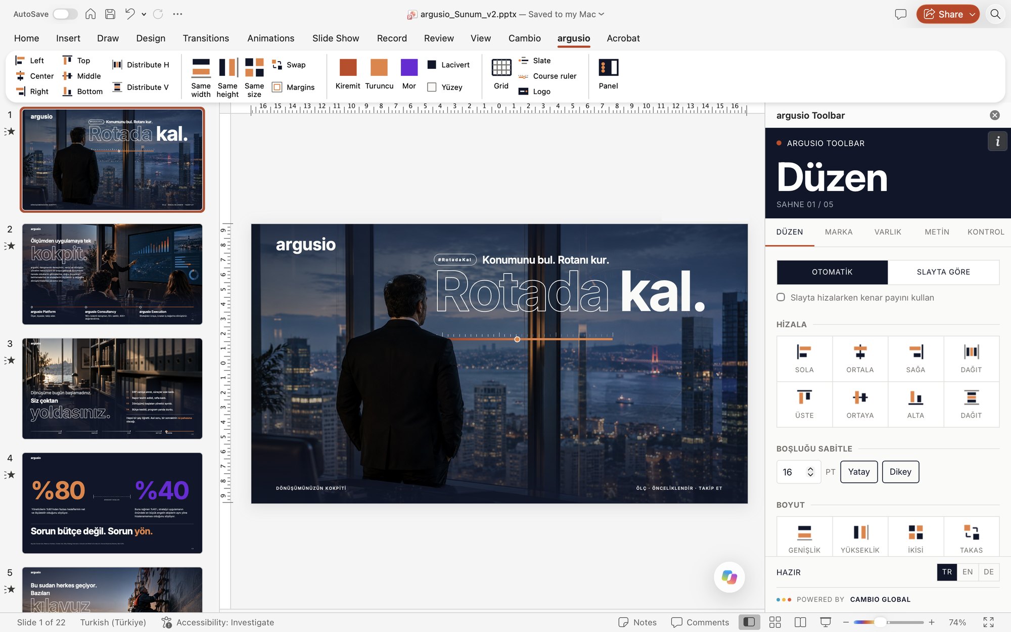 PowerPoint'te markaya özel argusio sekmesi ve yan paneli
